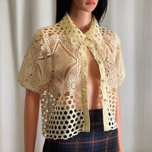 Lizette Collection Yellow Crochet Lace Button Up Shirt Top Cottagecore Size S